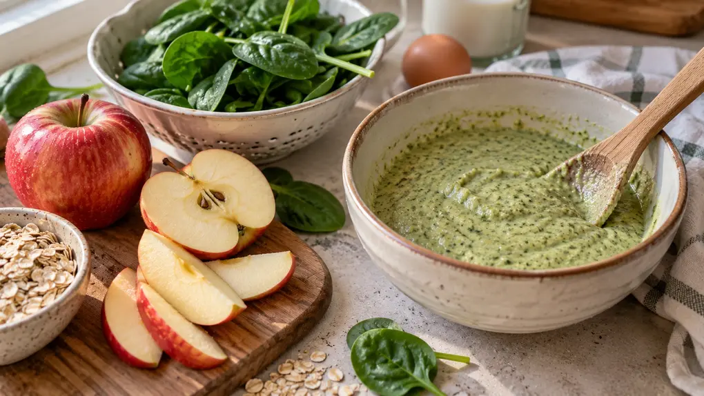 Spinach apple pancakes for babies ingredients with fresh spinach, sliced red apple, oats and pale green pancake batter in a naturally lit home kitchen.