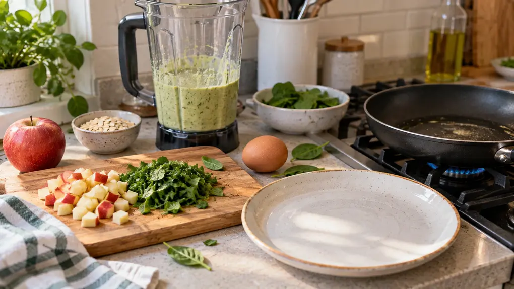 Spinach apple pancakes for babies preparation with fresh spinach, chopped apple, oats and green pancake batter beside a skillet in a home kitchen.