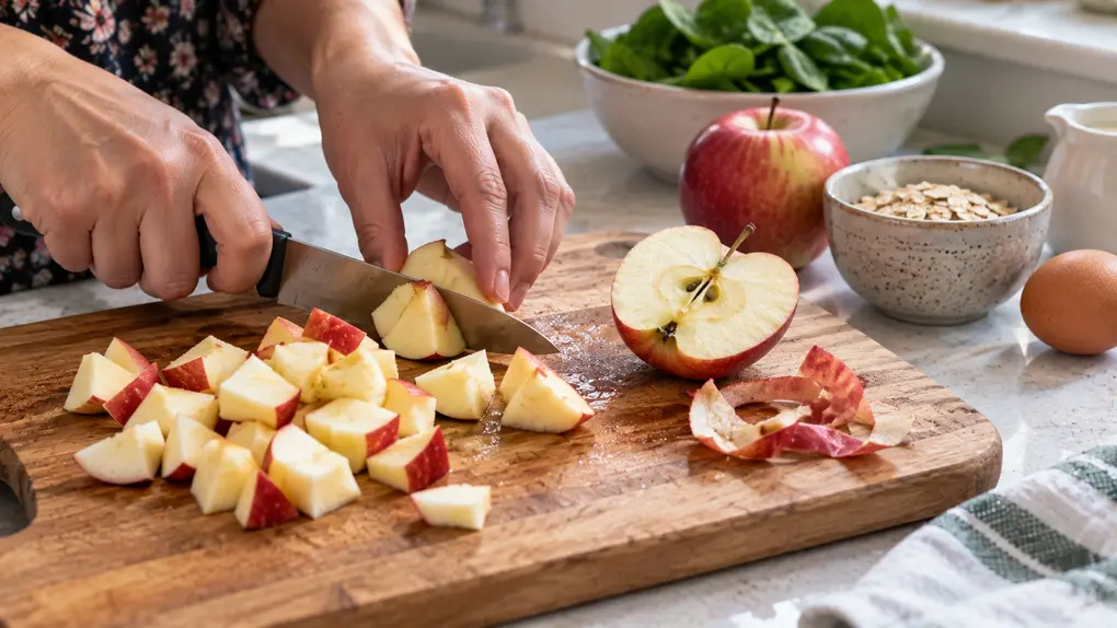 Spinach apple pancakes for babies Step 1 showing fresh red apple being chopped by hand on a wooden board with spinach and oats nearby.