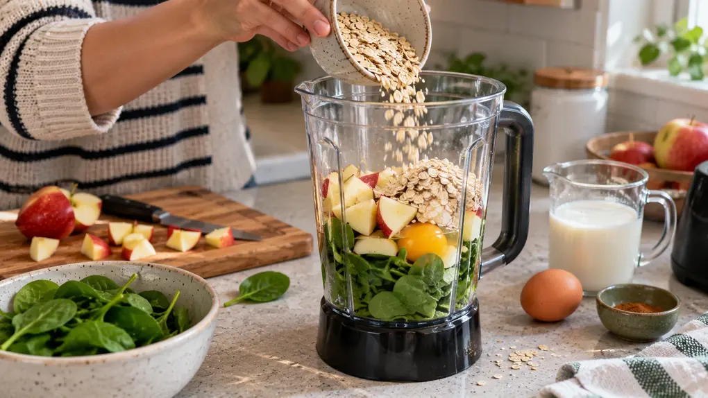 Spinach apple pancakes for babies Step 2 showing fresh spinach, chopped apple, egg and rolled oats being added to a blender in a home kitchen.