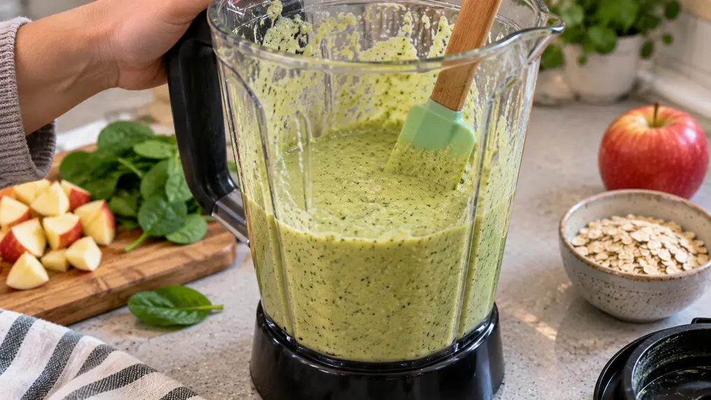 Spinach apple pancakes for babies Step 3 showing pale green apple, spinach and oat batter blended until smooth with a spatula in the blender.