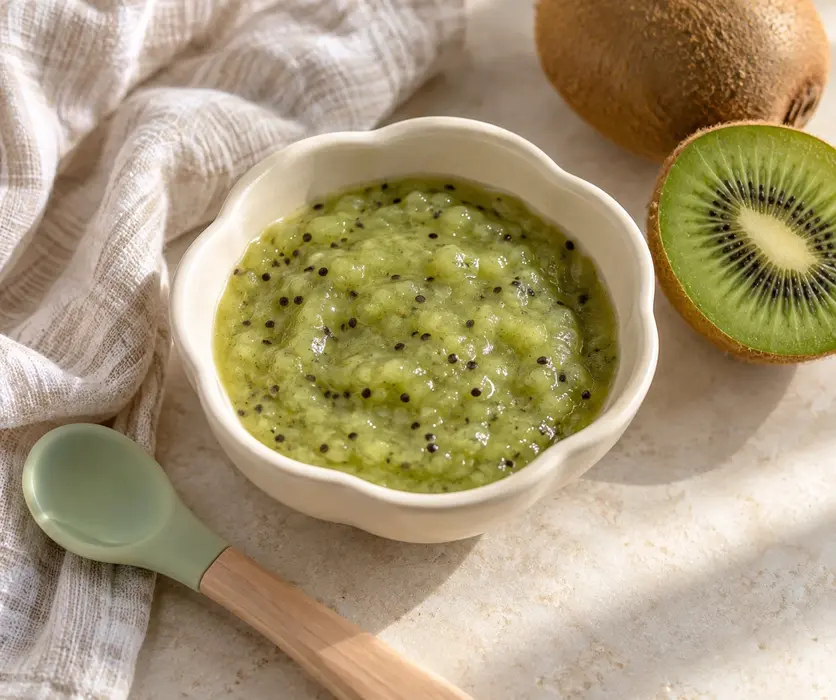 Kiwi puree for baby served in a cream bowl with fresh kiwi, visible seeds and a baby spoon for an easy homemade baby food recipe.