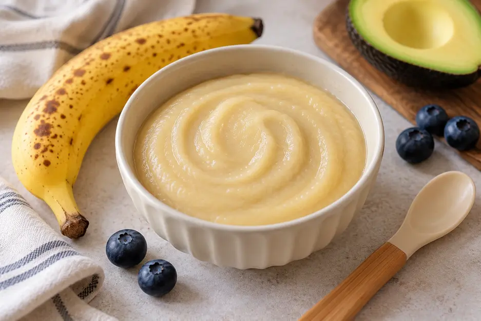 Banana baby food combinations featuring smooth banana puree with ripe banana, avocado and blueberries for an easy homemade baby meal.