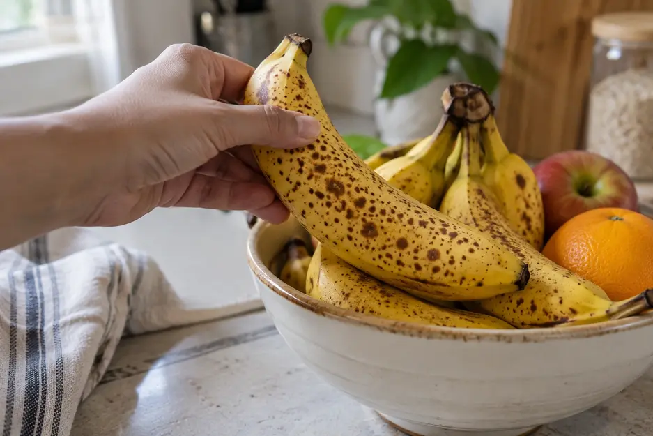 Adult hand selecting a ripe speckled banana from a fruit bowl to prepare easy homemade banana baby food combinations.