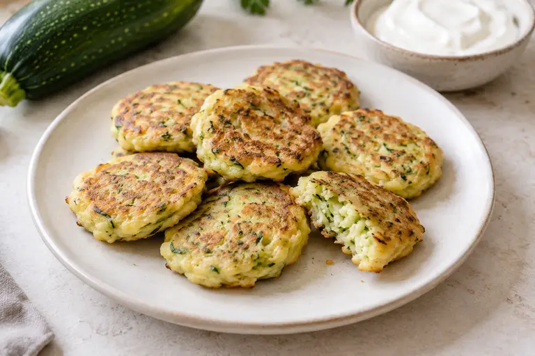Zucchini Pancakes for Baby served on a cream plate, golden with green zucchini flecks, a soft cooked center, and plain yogurt.