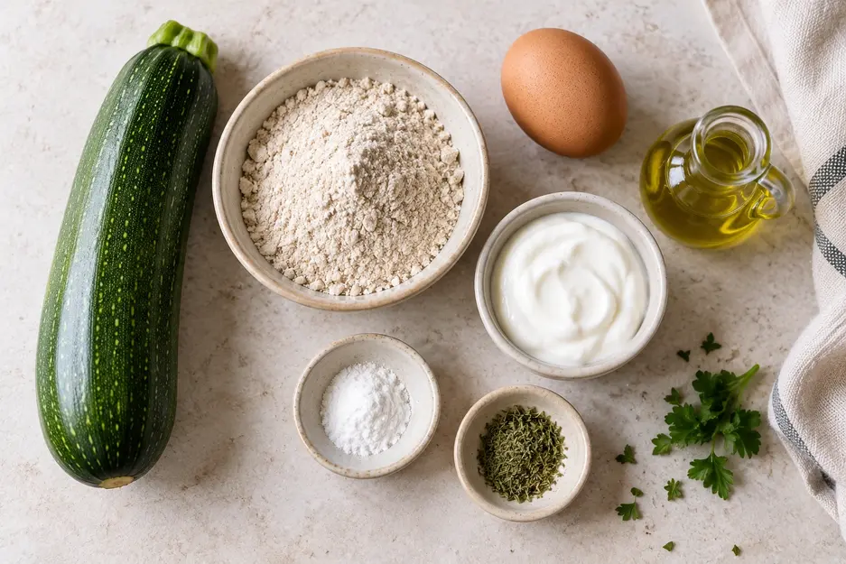Zucchini Pancakes for Baby ingredients: fresh zucchini, egg, oat flour, plain yogurt, baking powder, olive oil, and mild herbs.