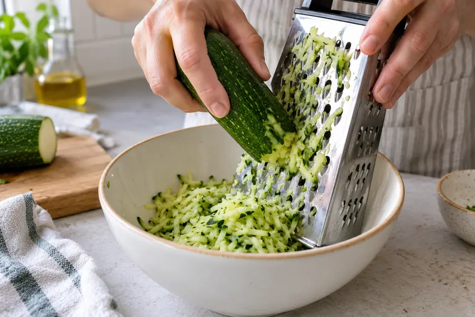 Zucchini Pancakes for Baby preparation showing fresh zucchini being grated into a ceramic bowl with a stainless steel box grater.