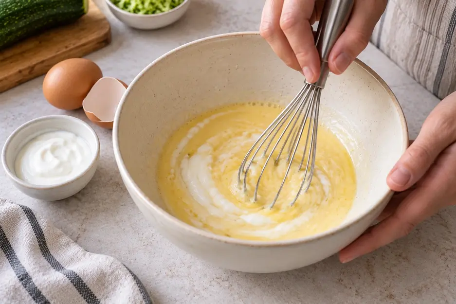 Zucchini Pancakes for Baby preparation showing egg and plain yogurt being whisked together in a ceramic bowl to make the wet batter.