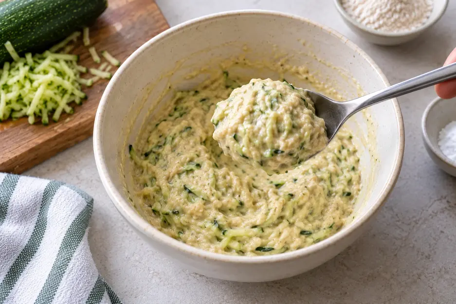 Zucchini Pancakes for Baby batter with grated zucchini folded into a thick mixture, shown holding its shape on a spoon above a ceramic bowl.