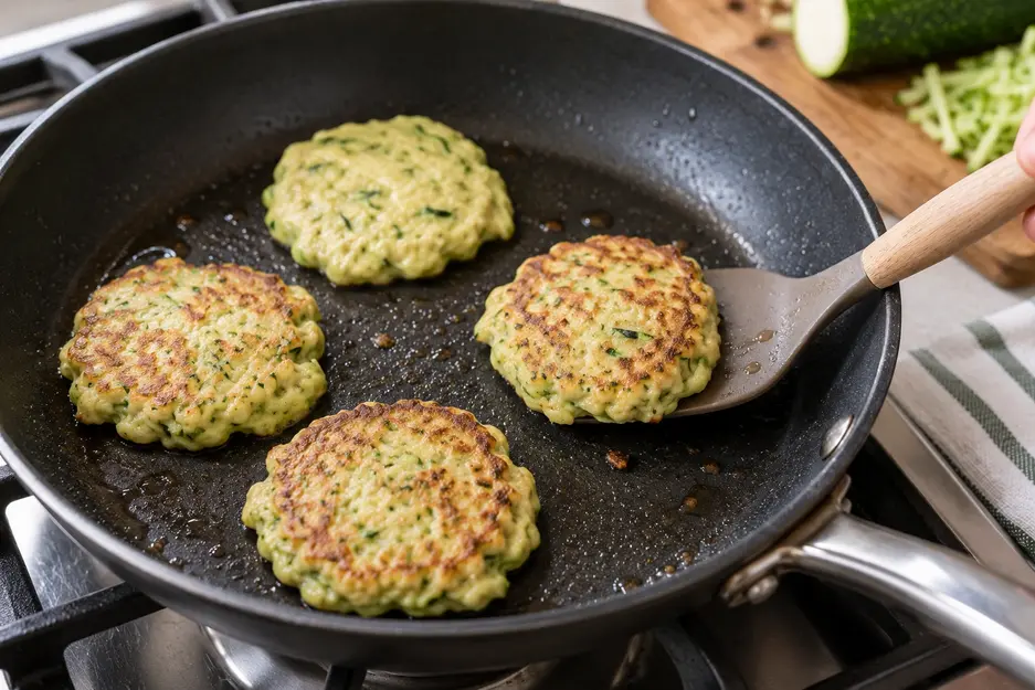 zucchini Pancakes for Baby cooking in a non-stick pan, with four small green-flecked pancakes and one being flipped to reveal a golden underside.