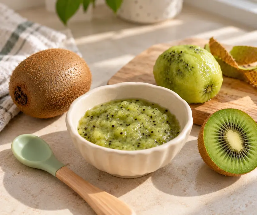 Kiwi puree for baby in a cream bowl with fresh whole, peeled and sliced kiwi and a baby spoon, showing an easy homemade baby food recipe.