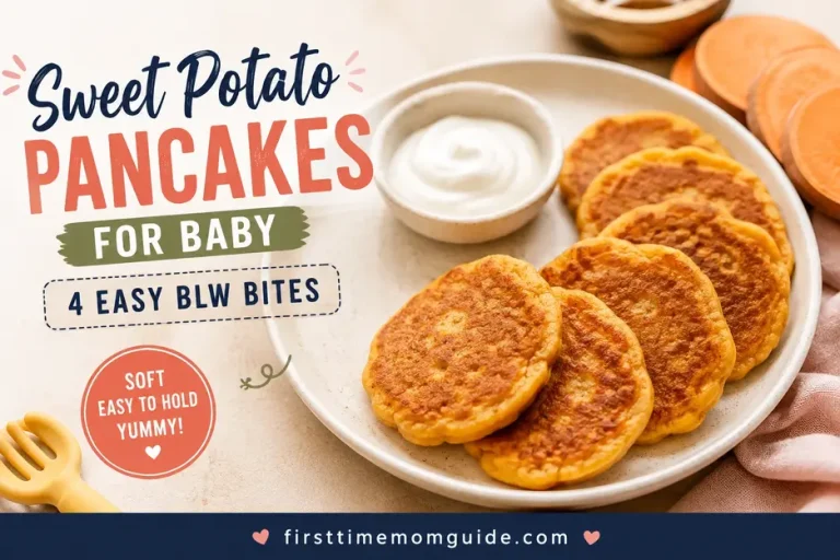 Sweet potato pancakes for baby served soft and easy to hold, with a creamy dip and fresh sweet potato for an easy BLW meal.