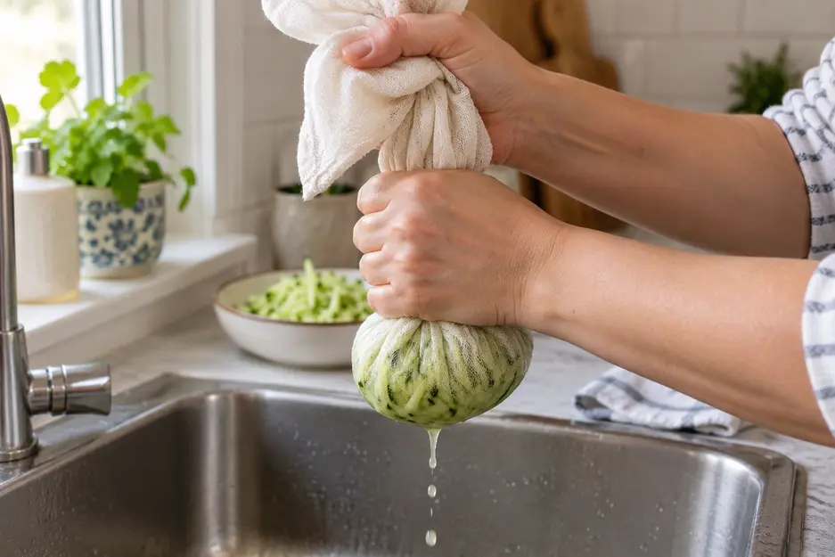 ucchini Pancakes for Baby preparation showing adult hands squeezing grated zucchini in a muslin cloth over a kitchen sink to remove excess moisture.