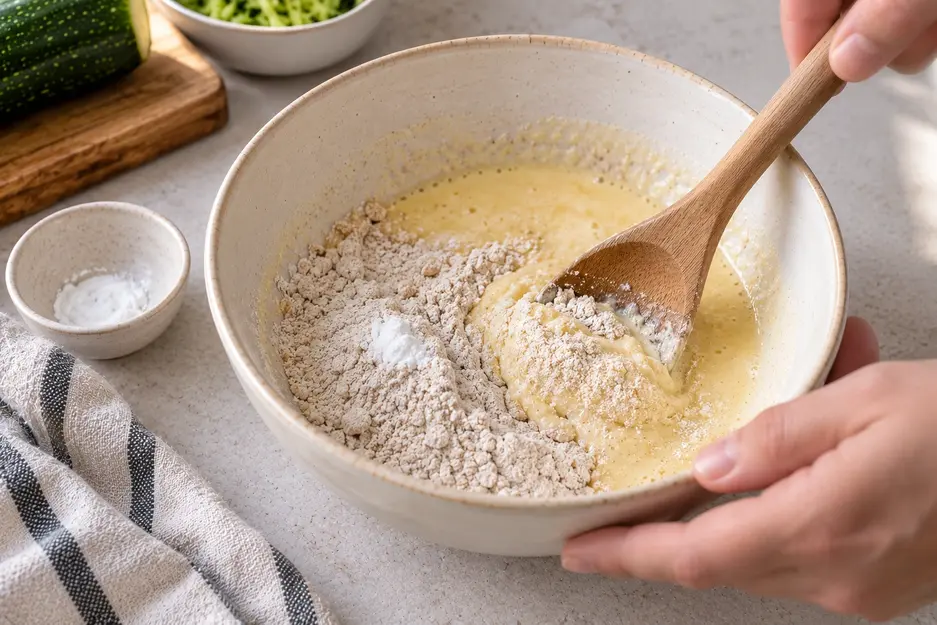 chini Pancakes for Baby preparation showing oat flour and baking powder being folded into an egg-yogurt mixture with a wooden spoon.