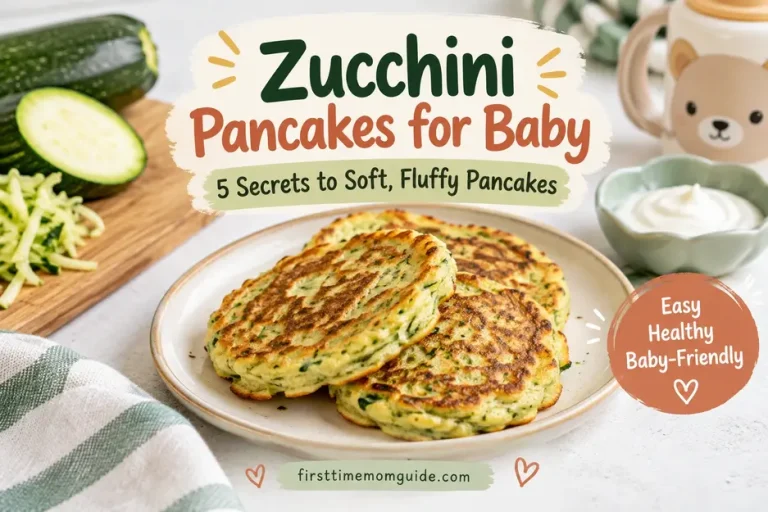 Zucchini Pancakes for Baby served golden and fluffy on a plate, with fresh zucchini, yogurt, and baby-friendly serving inspiration.
