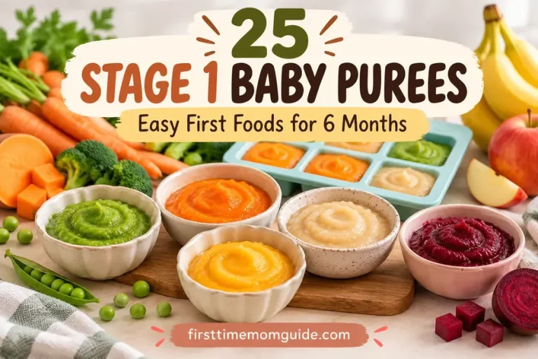 25 Stage 1 baby purees with creamy vegetable and fruit purees for easy first foods around 6 months.