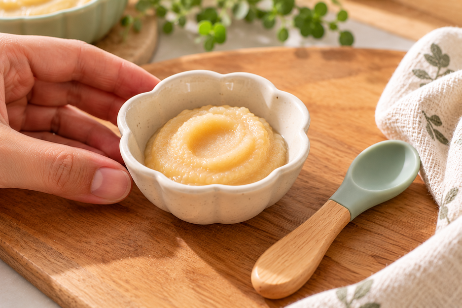 Stage 1 baby puree served as a small creamy beginner portion in a ceramic bowl with a baby spoon for starting solids around 6 months.