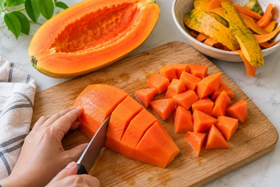 Cutting peeled ripe papaya into small chunks on a wooden board to prepare fresh homemade papaya puree for baby in a bright kitchen.