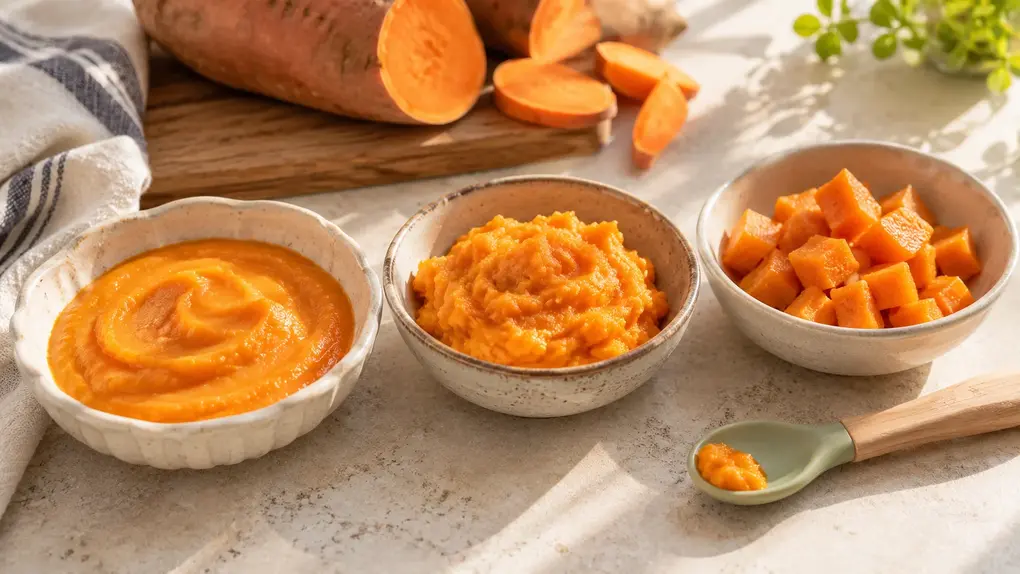 Baby food weekly meal plan for 6–9 months showing sweet potato puree progressing from smooth puree to thick mash and soft baby-friendly pieces.