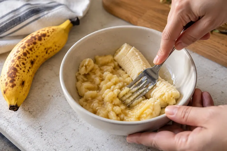 Adult hands mashing ripe banana with a fork in a cream ceramic bowl, showing soft lumps for homemade banana baby food combinations.