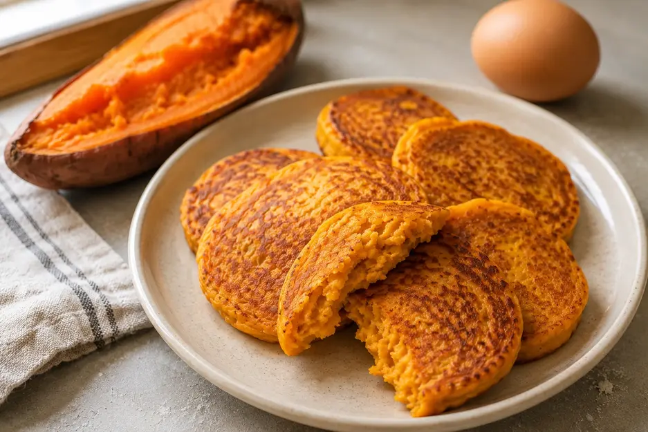 Sweet potato pancakes for baby led weaning with soft centers, served beside roasted sweet potato and egg for an easy homemade baby meal.