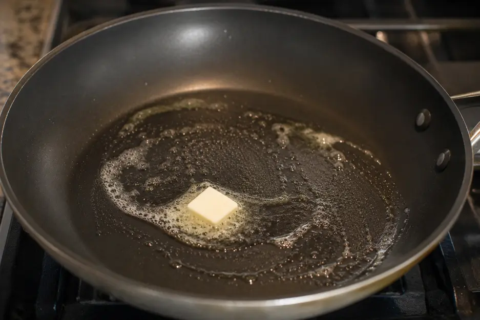 Unsalted butter melting in a non-stick skillet, preparing the pan to cook soft sweet potato pancakes for baby led weaning.