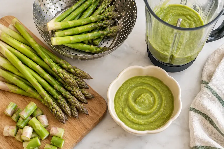 Asparagus puree for baby with fresh asparagus, steamed spears and a blender, showing a simple homemade baby food preparation.