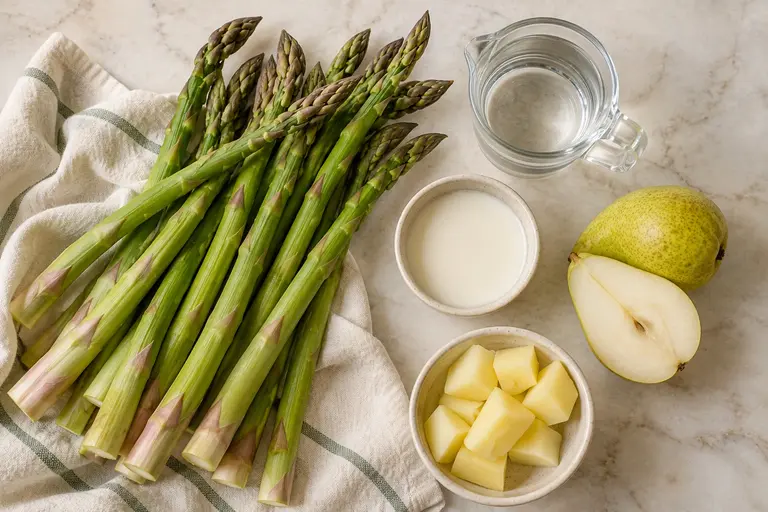Asparagus puree for baby ingredients with fresh asparagus, water, milk and pear arranged naturally on a bright kitchen surface.