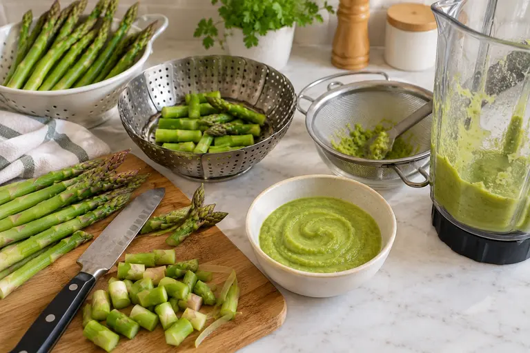 Asparagus puree for baby prepared with fresh asparagus, steamer, blender and strainer in a bright home kitchen setting.