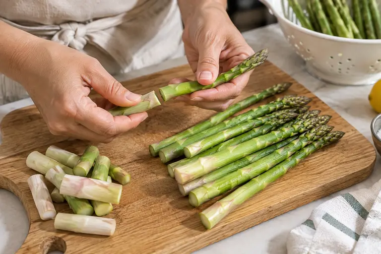 Asparagus puree for baby preparation showing fresh asparagus spears being trimmed by hand on a wooden cutting board.
