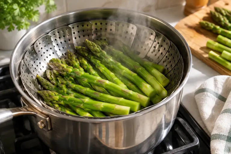 Asparagus puree for baby preparation with fresh asparagus steaming in a stainless-steel basket until soft and tender.