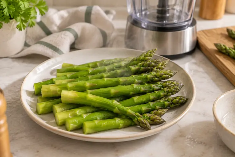 Asparagus puree for baby preparation showing soft steamed asparagus cooling on a ceramic plate before blending.
/