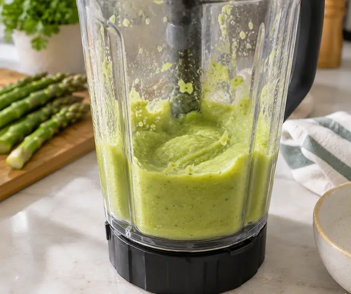 Asparagus puree for baby blending into a smooth pale green texture in a blender with fresh asparagus in the background.