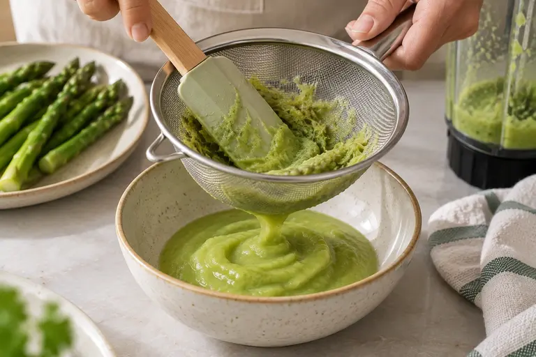 Asparagus puree for baby being pressed through a fine-mesh strainer to remove fibrous strands and create a smooth texture.