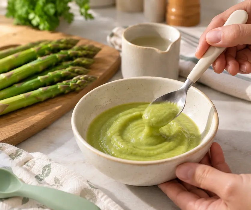 Asparagus puree for baby being stirred to a smooth spoonable consistency in a ceramic bowl with fresh asparagus nearby.
