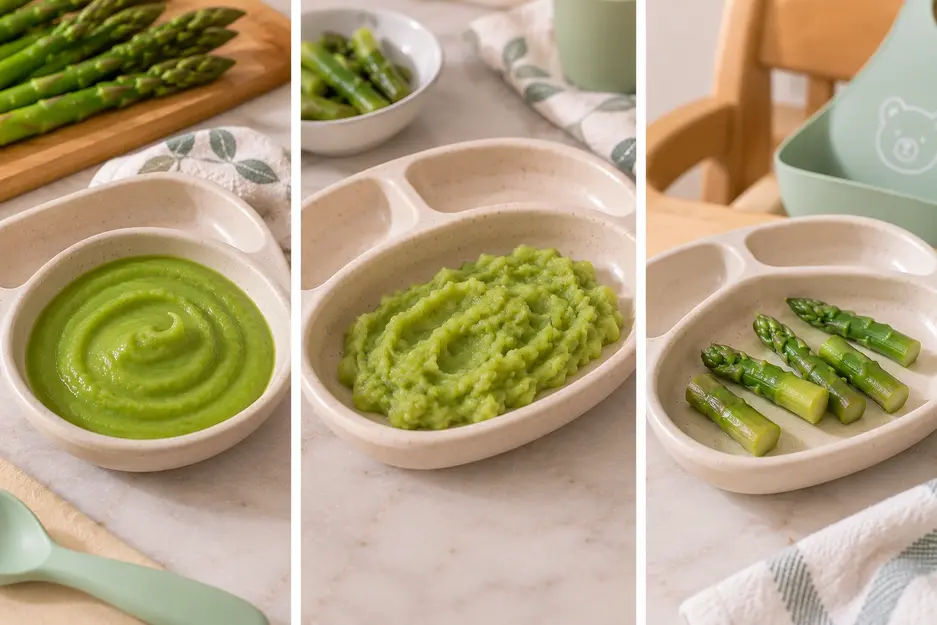 Asparagus puree for baby shown three ways: smooth puree, thicker mashed asparagus, and soft asparagus pieces for finger feeding.