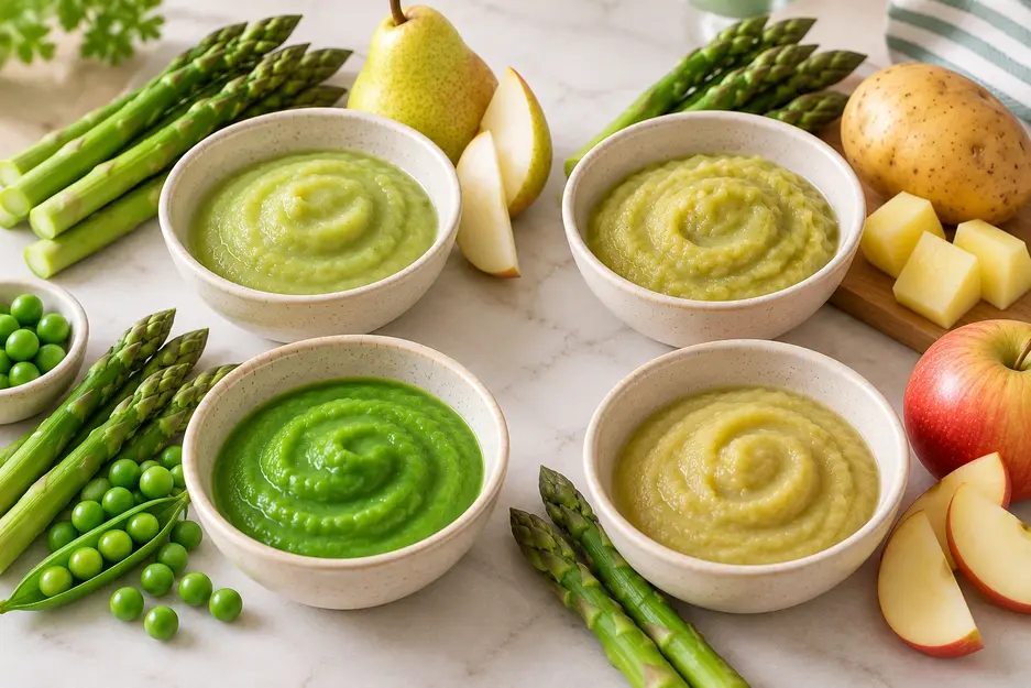 Asparagus puree for baby combinations with pear, potato, peas and apple, served in four bowls with fresh ingredients arranged nearby.