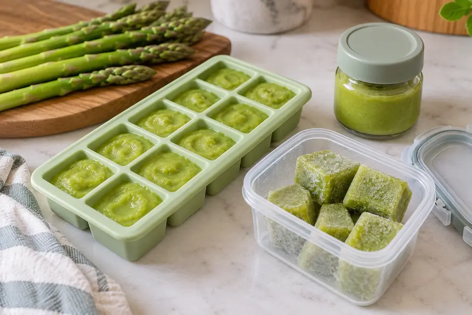 Asparagus puree for baby stored in a silicone freezer tray, frozen puree cubes and a covered jar with fresh asparagus nearby.