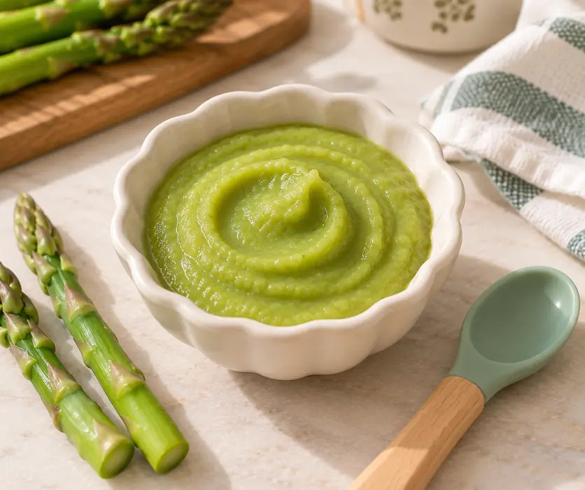 Asparagus puree for baby served smooth in a cream bowl with a baby spoon and fresh tender asparagus spears nearby.