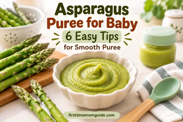 Asparagus puree for baby served smooth in a cream bowl with fresh asparagus, baby spoon and storage jar in a bright kitchen.