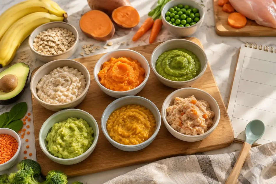 Baby food weekly meal plan for 6–9 months with oatmeal, sweet potato, pea, avocado, lentil and chicken carrot meals for starting solids.