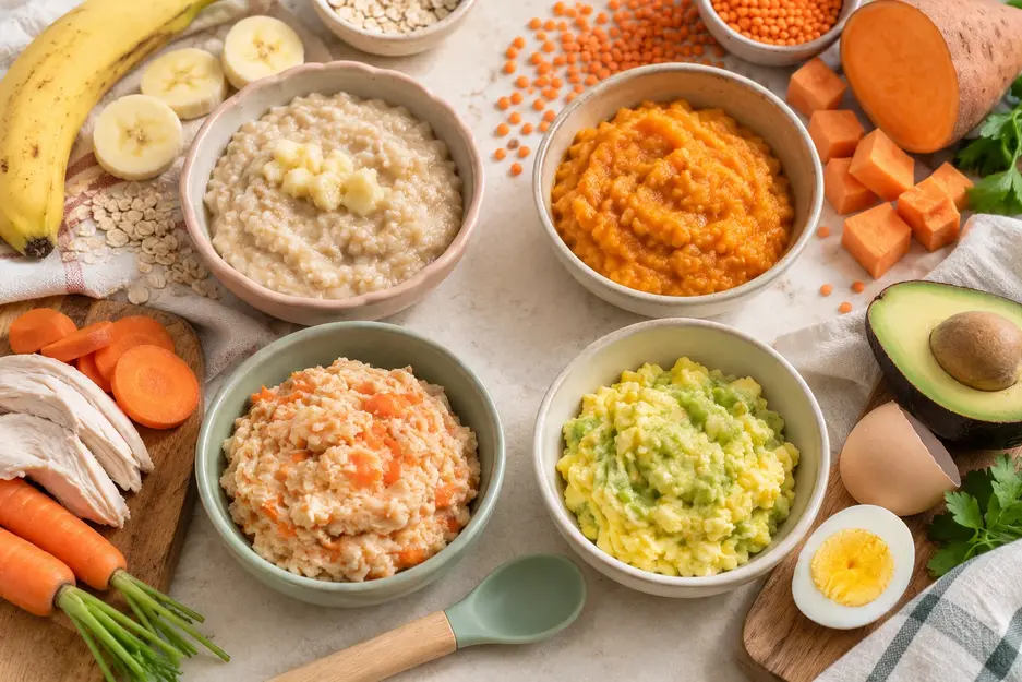 Baby food weekly meal plan for 6–9 months with iron-rich oatmeal, lentil sweet potato mash, chicken carrot, and egg avocado baby meals.