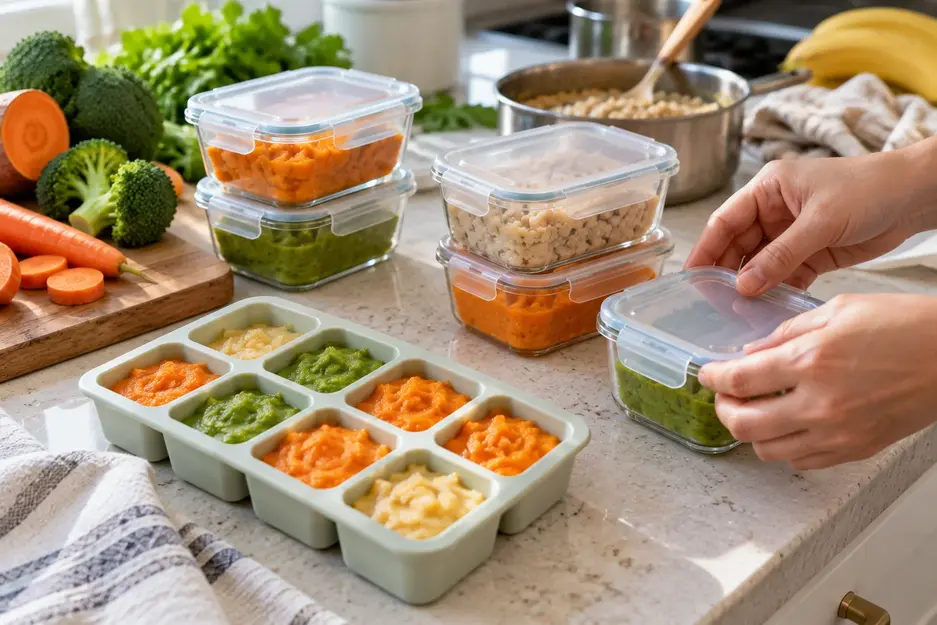 Baby food weekly meal plan for 6–9 months showing homemade purees portioned into freezer trays and glass containers for easy batch meal prep.