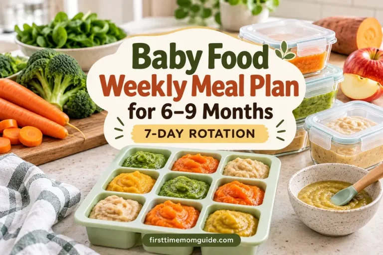 Baby food weekly meal plan for 6–9 months featuring a 7-day rotation with homemade purees, vegetables and easy baby meal prep.