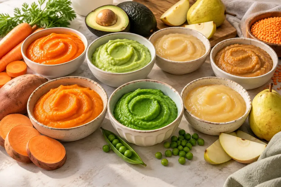 Stage 1 baby purees with creamy sweet potato, carrot, pea, avocado, pear and lentil purees paired with fresh ingredients.