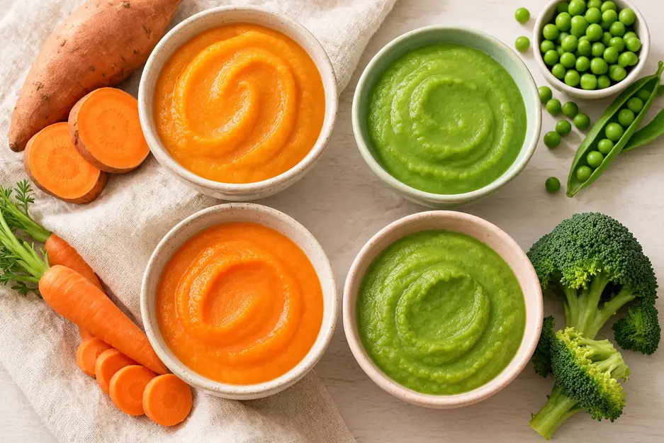 Stage 1 baby purees with creamy sweet potato, pea, carrot and broccoli purees paired with fresh vegetables for easy first foods.