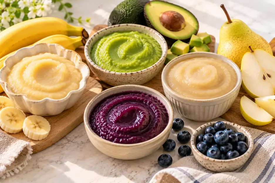 Stage 1 baby purees with creamy banana, avocado, pear and blueberry purees paired with fresh fruits for easy first foods.