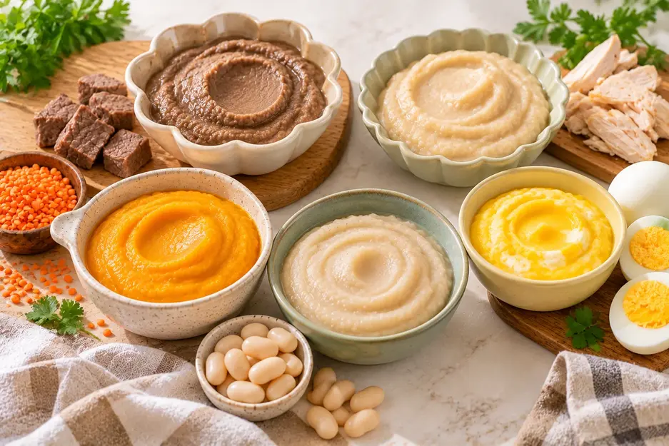 Stage 1 baby purees with creamy beef, chicken, lentil, white bean and egg purees paired with cooked protein-rich first foods.