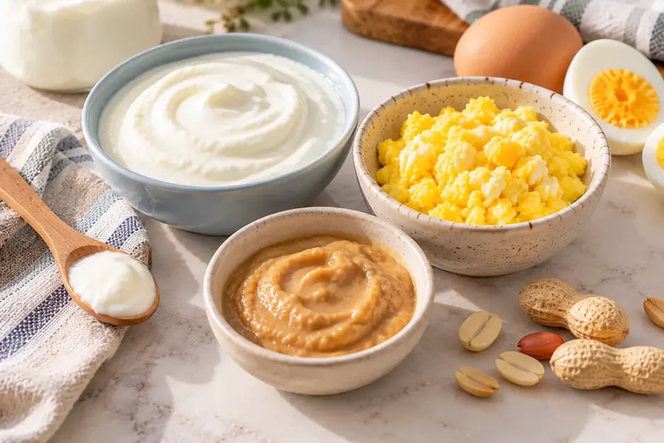 Stage 1 baby purees with plain full-fat yogurt, well-cooked mashed egg and smooth thinned peanut mixture for allergen introduction.