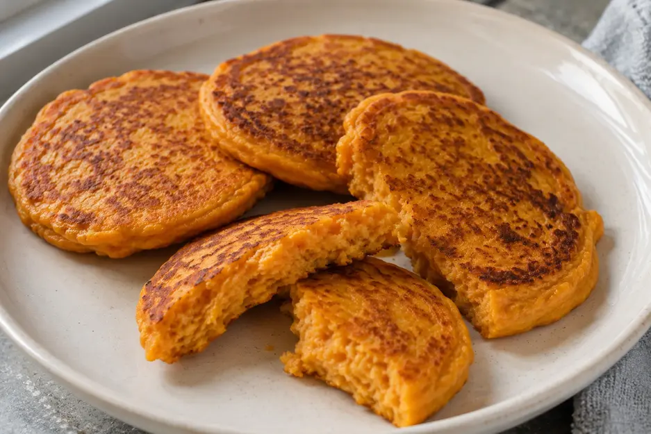 Freshly cooked sweet potato pancakes for baby led weaning cooling on a plate, with one broken open to show the soft cooked center.